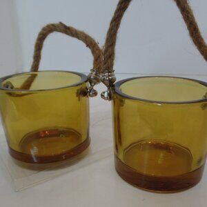 Pfaltzgraff Amber Glass Lanterns New in Package W Jute Handles & Silver Accents
